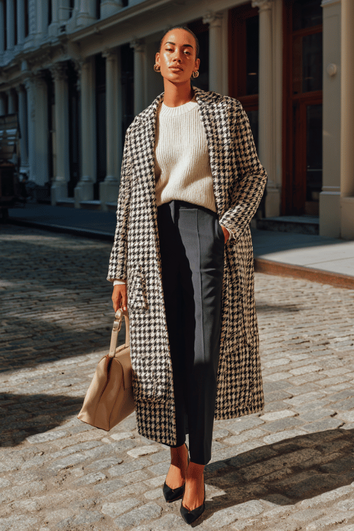 a midsize woman wearing a longline houndstooth coat in black and ivory over a tucked-in cream ribbed sweater and slim-fit dark navy trousers, paired with pointed-toe kitten heels in black leather