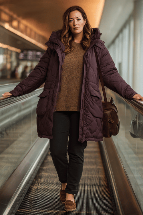 a plus-size woman ascending an airport escalator, wearing a deep plum quilted puffer coat, caramel knit sweater, slim dark trousers, and cognac loafers, small leather backpack
