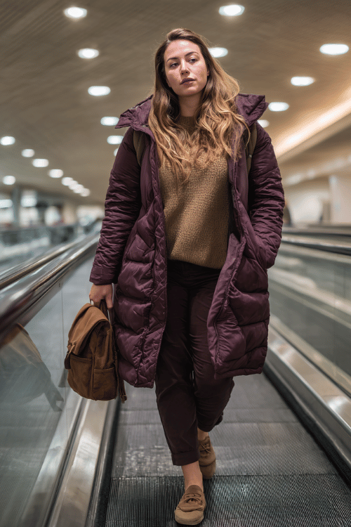 a plus-size woman ascending an airport escalator, wearing a deep plum quilted puffer coat, caramel knit sweater, slim dark trousers, and cognac loafers, small leather backpack