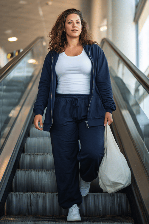 a plus-size woman ascending an airport escalator, wearing a soft navy blue zip-up track jacket, matching wide-leg track pants, a white fitted tee underneath, and fresh white low-top sneakers
