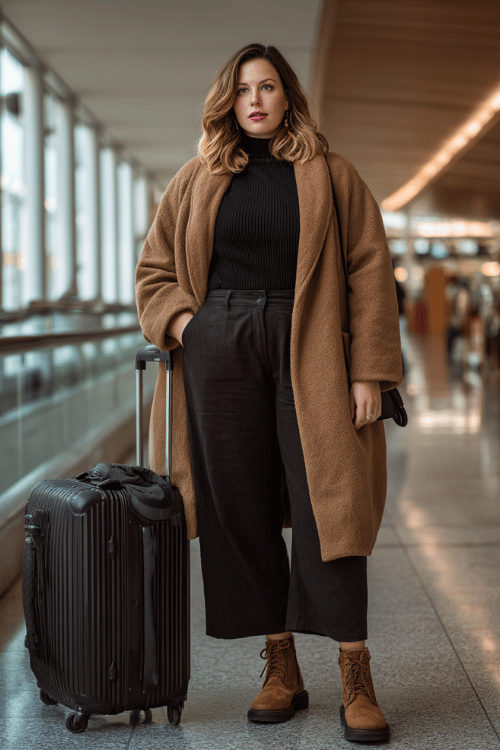 a plus-size woman at a modern airport terminal, wearing a camel oversized wool coat, black ribbed turtleneck, wide-leg dark trousers, and cognac leather ankle boots