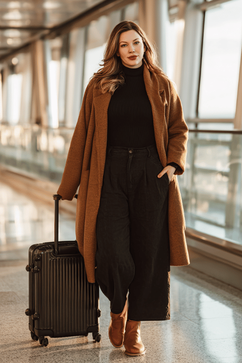 a plus-size woman at a modern airport terminal, wearing a camel oversized wool coat, black ribbed turtleneck, wide-leg dark trousers, and cognac leather ankle boots