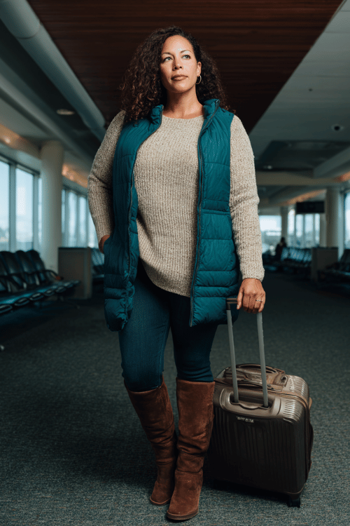 a plus-size woman at an airport arrivals hall, dressed in a deep teal longline puffer vest over a chunky oatmeal knit sweater, dark skinny jeans, and knee-high brown leather boots 