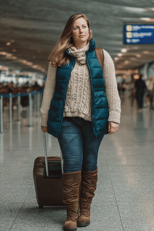 a plus-size woman at an airport arrivals hall, dressed in a deep teal longline puffer vest over a chunky oatmeal knit sweater, dark skinny jeans, and knee-high brown leather boots