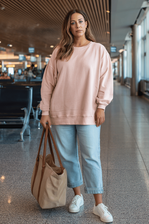 a plus-size woman at an airport arrivals hall, wearing a soft blush pink oversized crewneck sweatshirt, light wash wide-leg jeans, white slip-on sneakers, and a tan canvas tote bag