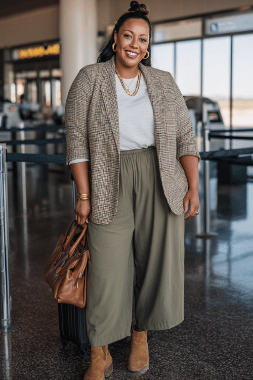 a plus-size woman at an airport check-in counter, styled in a tan plaid oversized blazer, olive green wide-leg pants, white fitted tee, and tan Chelsea boots, gold jewelry accents 