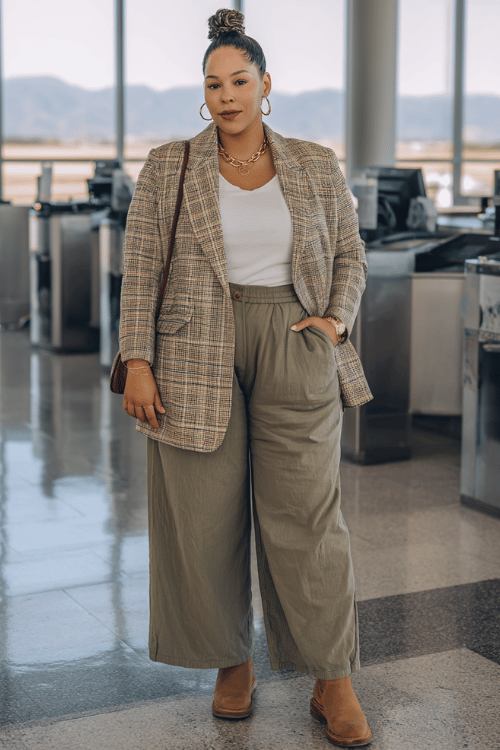a plus-size woman at an airport check-in counter, styled in a tan plaid oversized blazer, olive green wide-leg pants, white fitted tee, and tan Chelsea boots, gold jewelry accents