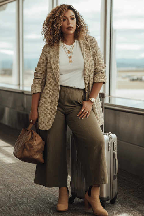 a plus-size woman at an airport check-in counter, styled in a tan plaid oversized blazer, olive green wide-leg pants, white fitted tee, and tan Chelsea boots, gold jewelry accents