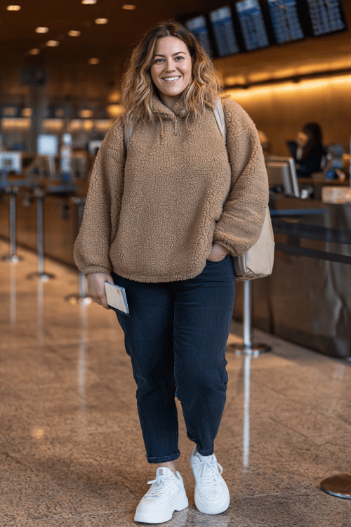 a plus-size woman at an airport check-in counter, styled in a warm camel oversized sherpa pullover, dark straight-leg jeans, and white chunky platform sneakers 