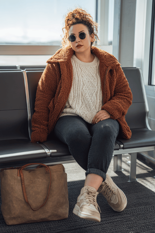 a plus-size woman at an airport gate seating area, dressed in a burnt sienna teddy fleece jacket, cream cable-knit sweater, dark straight-leg jeans, and beige platform sneakers