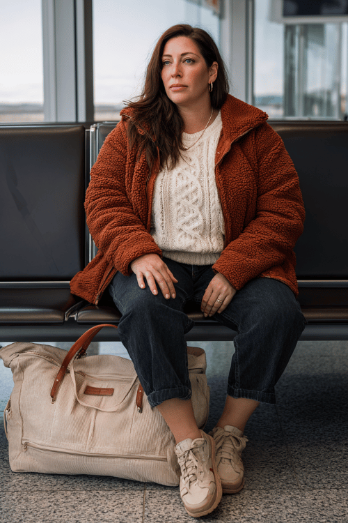 a plus-size woman at an airport gate seating area, dressed in a burnt sienna teddy fleece jacket, cream cable-knit sweater, dark straight-leg jeans, and beige platform sneakers