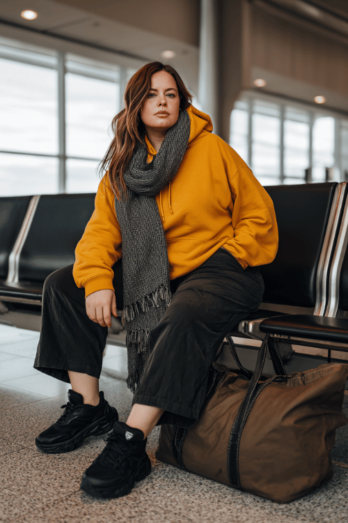 a plus-size woman at an airport gate seating area, dressed in a mustard yellow oversized hoodie, dark wide-leg jogger pants, and black chunky sneakers, large cozy blanket scarf draped