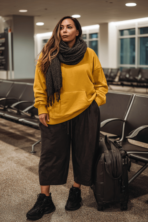 a plus-size woman at an airport gate seating area, dressed in a mustard yellow oversized hoodie, dark wide-leg jogger pants, and black chunky sneakers, large cozy blanket scarf