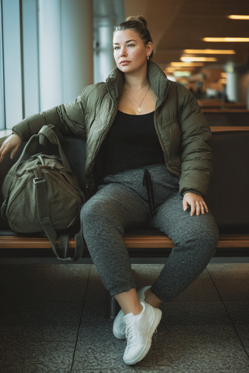 a plus-size woman at an airport lounge, wearing a forest green puffer jacket, black mock-neck top, slim-fit charcoal joggers, and white sneakers, duffle bag on her lap, cozy and casual chic