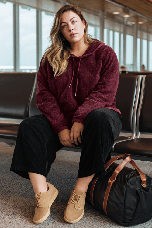 a plus-size woman at an airport lounge, wearing a warm burgundy soft fleece pullover, black wide-leg jogger pants, and tan slip-on sneakers, duffle bag at her feet, cozy and laid-back fall travel outfit