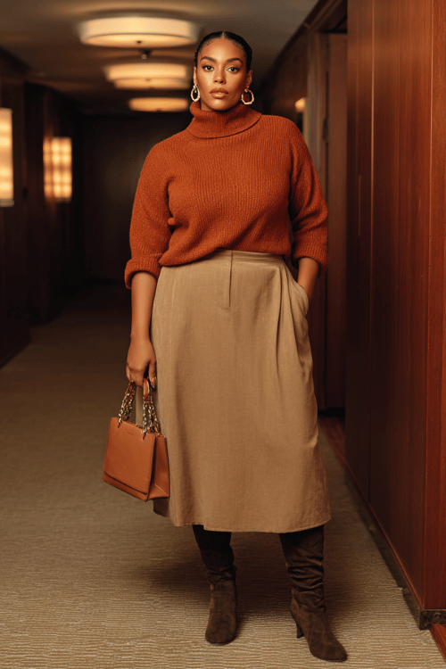 a plus-size woman dressed in a rich rust-orange knit turtleneck tucked into a high-waisted A-line midi skirt in warm camel, wearing knee-high boots in dark brown suede