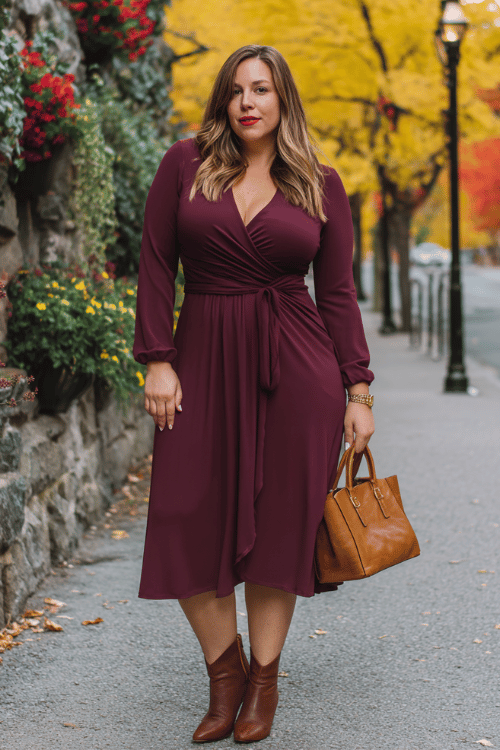 a plus-size woman in a deep burgundy long-sleeve wrap midi dress with an elegant cinched waist and flowing skirt, paired with block-heel ankle boots in dark tan leather 
