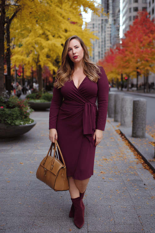 a plus-size woman in a deep burgundy wrap midi dress with long sleeves and a beautifully cinched waist, paired with block-heel ankle boots in dark tan leather and a structured handbag in cognac