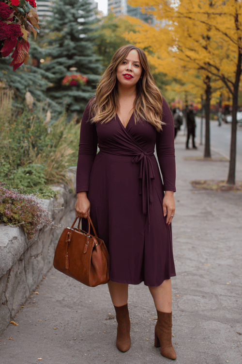a plus-size woman in a deep burgundy wrap midi dress with long sleeves and a beautifully cinched waist, paired with block-heel ankle boots in dark tan leather and a structured handbag in cognac 
