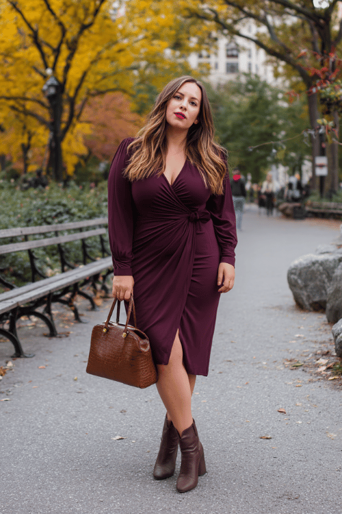 a plus-size woman in a deep burgundy wrap midi dress with long sleeves and a beautifully cinched waist, paired with block-heel ankle boots in dark tan leather and a structured handbag in cognac