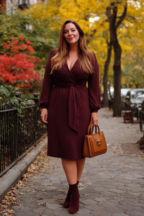 a plus-size woman in a deep burgundy wrap midi dress with long sleeves and a beautifully cinched waist, paired with block-heel ankle boots in dark tan leather and a structured handbag in cognac