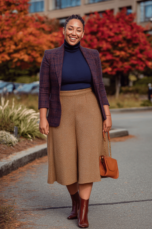 a plus-size woman in a deep navy fitted turtleneck tucked into a high-waisted A-line midi skirt in rich caramel tweed, layered with a tailored plaid blazer in burgundy and tan tones 
