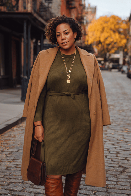 a plus-size woman in a deep olive green longline sweater dress with a belted waist and midi length, layered with a tailored camel overcoat, wearing knee-high boots in dark cognac leather