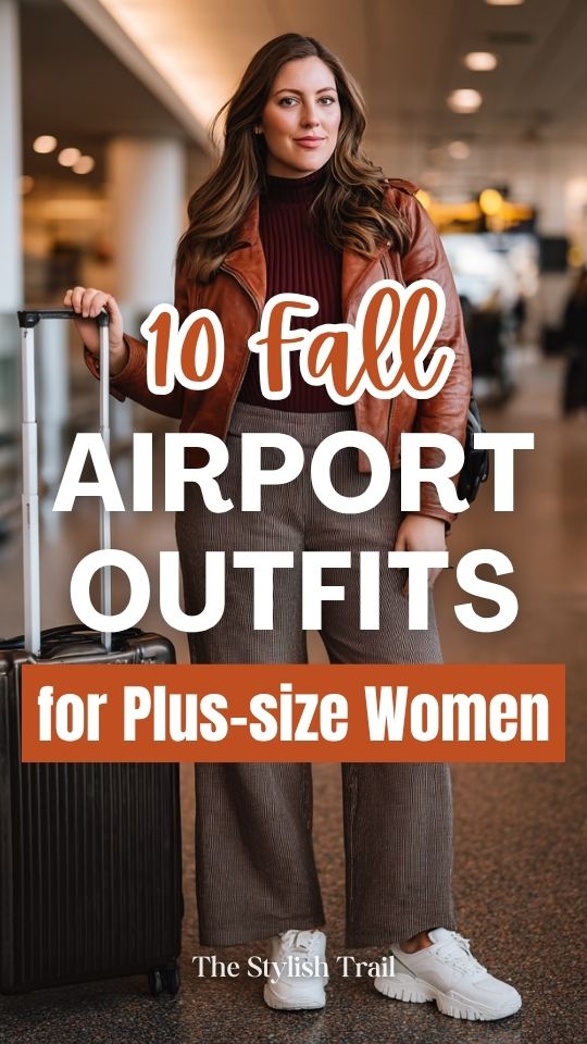 a plus-size woman in a fall airport outfit with a warm cinnamon-brown leather jacket, burgundy ribbed turtleneck, wide-leg charcoal trousers