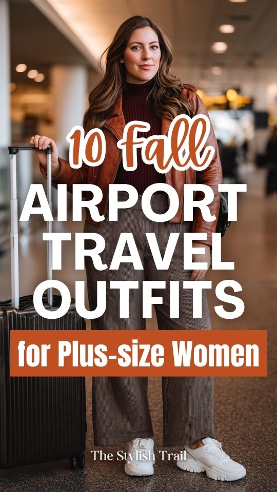 a plus-size woman in a fall airport travel outfit with a warm cinnamon-brown leather jacket, burgundy ribbed turtleneck, wide-leg charcoal trousers