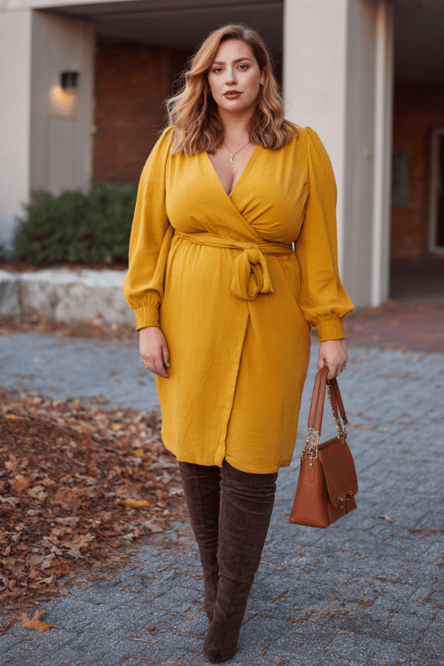 a plus-size woman in a mustard yellow wrap midi dress with long sleeves and a flattering belted waist, paired with over-the-knee boots in dark brown suede and a structured leather shoulder bag 