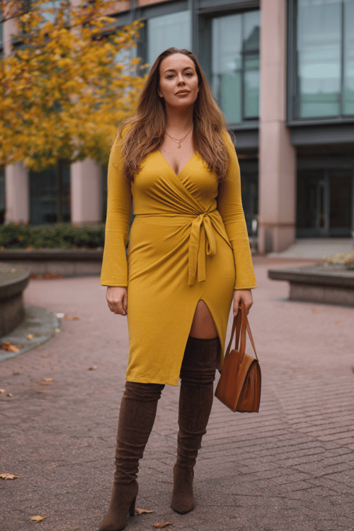 a plus-size woman in a mustard yellow wrap midi dress with long sleeves and a flattering belted waist, paired with over-the-knee boots in dark brown suede and a structured leather shoulder bag
