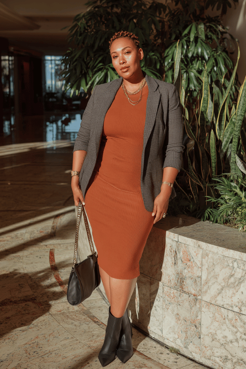 a plus-size woman in a rich terracotta ponte knit midi dress with a defined waist and long sleeves, layered with a tailored charcoal grey blazer, wearing pointed-toe ankle boots in black leather