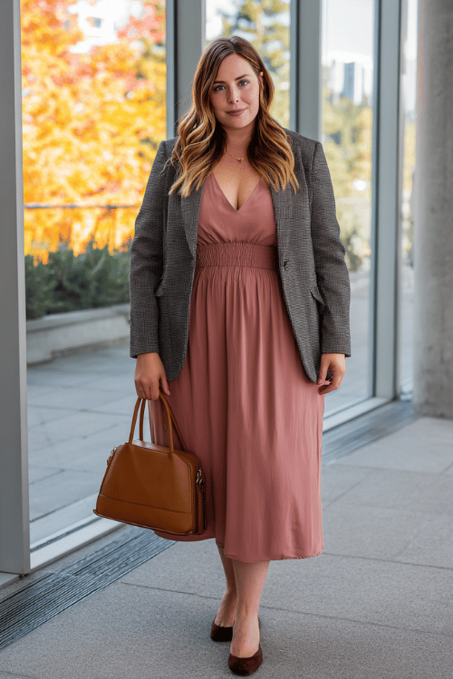a plus-size woman in a soft dusty rose long-sleeve midi dress with a defined waist and flowing skirt, layered with a tailored charcoal grey blazer, finished with pointed-toe block heels