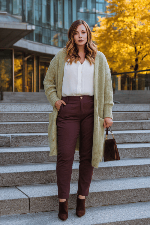 a plus-size woman in a soft olive green longline cardigan layered over a white fitted blouse and tailored straight-leg trousers in deep burgundy, finished with pointed-toe ankle boots (2)