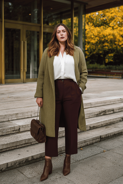 a plus-size woman in a soft olive green longline cardigan layered over a white fitted blouse and tailored straight-leg trousers in deep burgundy, finished with pointed-toe ankle boots