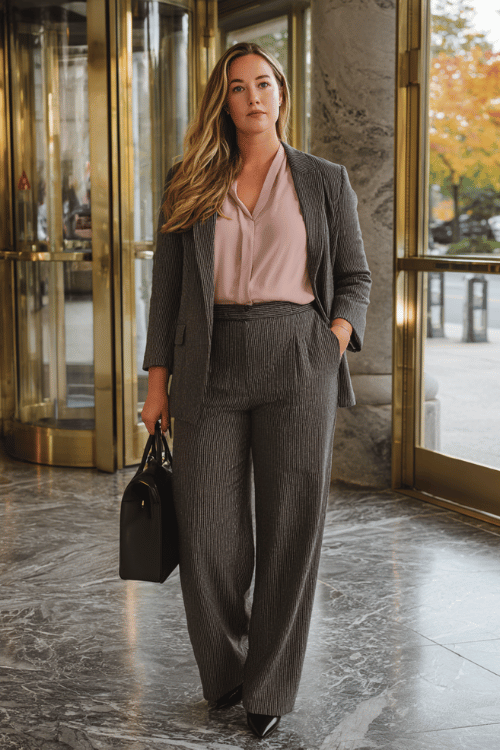 a plus-size woman in a well-fitted pinstripe charcoal pantsuit with a tailored blazer and wide-leg trousers, layered over a soft blush silk blouse, finished with pointed-toe heels in black leather