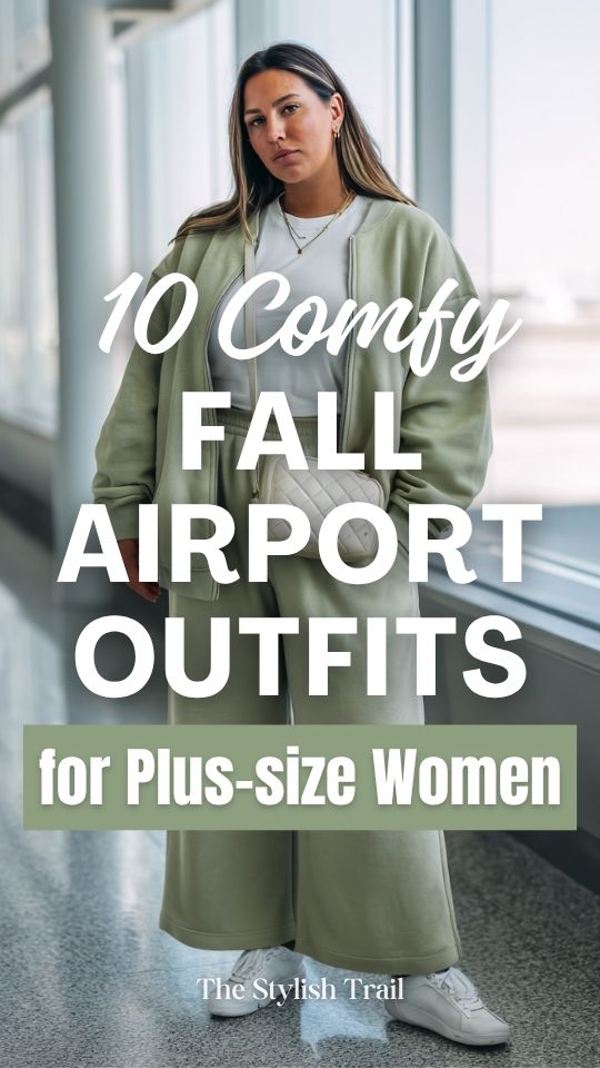 a plus-size woman in comfy fall airport outfit with a soft sage green matching sweatsuit with wide-leg joggers and an oversized zip-up sweatshirt