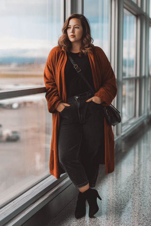 a plus-size woman near airport floor-to-ceiling windows, wearing a bold rust-orange wrap coat, black fitted top, dark wash straight-leg jeans, and pointed-toe black ankle boots 