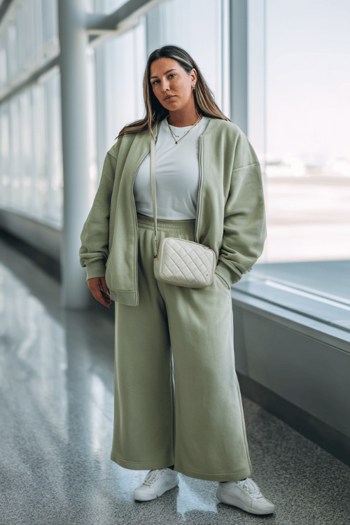 a plus-size woman near airport floor-to-ceiling windows, wearing a soft sage green matching sweatsuit with wide-leg joggers and an oversized zip-up sweatshirt 