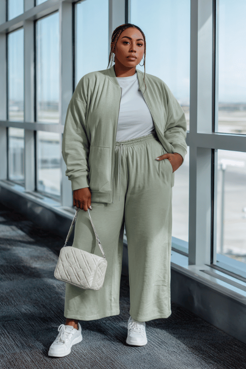a plus-size woman near airport floor-to-ceiling windows, wearing a soft sage green matching sweatsuit with wide-leg joggers and an oversized zip-up sweatshirt