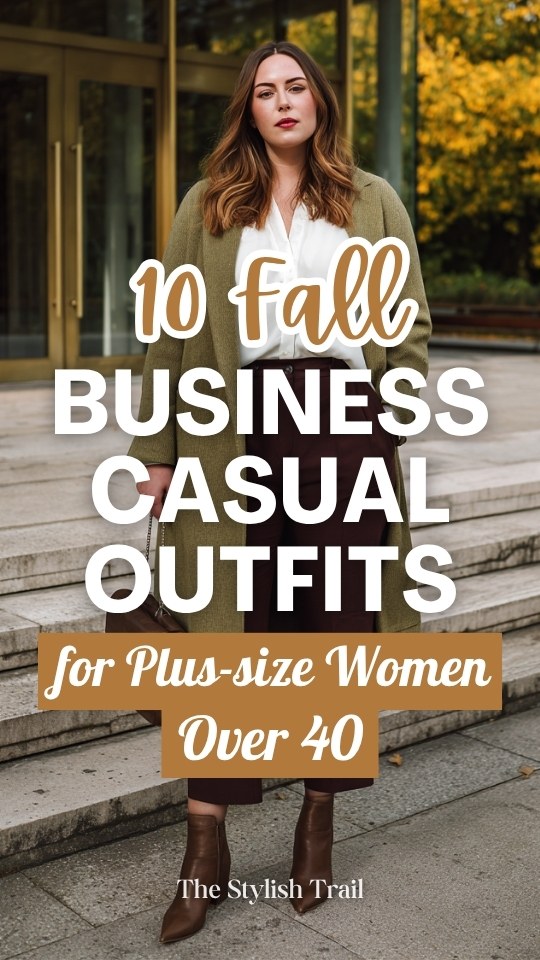 a plus-size woman over 40 in a fall business casual outfit with a soft olive green longline cardigan layered over a white fitted blouse and tailored straight-leg trousers in deep burgundy