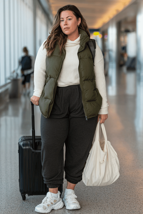a plus-size woman rolling a suitcase through a busy airport terminal, dressed in a deep olive puffer vest over a cream ribbed long-sleeve top, dark wide-leg joggers 