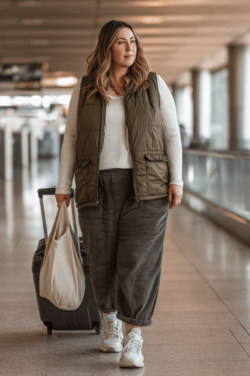 a plus-size woman rolling a suitcase through a busy airport terminal, dressed in a deep olive puffer vest over a cream ribbed long-sleeve top, dark wide-leg joggers 