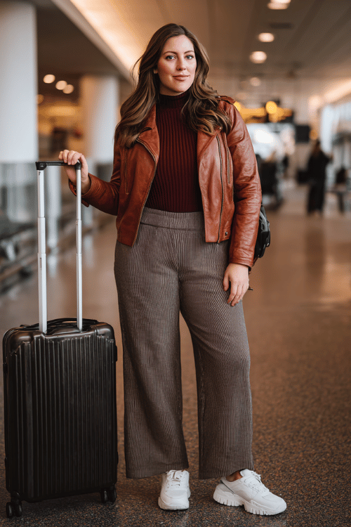 a plus-size woman rolling a suitcase through a busy airport terminal, wearing a warm cinnamon-brown leather jacket, burgundy ribbed turtleneck, wide-leg charcoal trousers