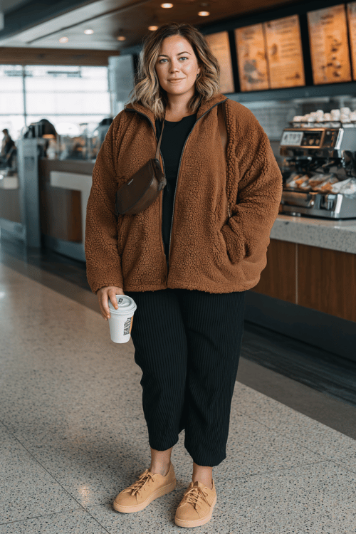 a plus-size woman standing at an airport coffee kiosk, wearing a cinnamon brown oversized fleece jacket, black ribbed wide-leg leggings, and tan slip-on sneakers 