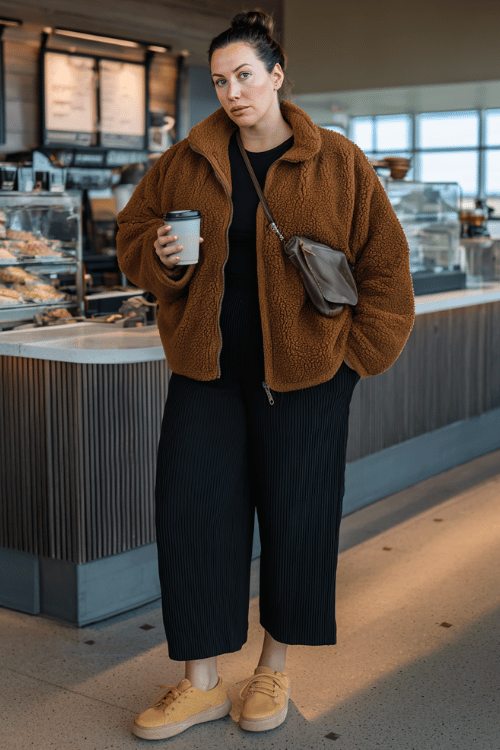 a plus-size woman standing at an airport coffee kiosk, wearing a cinnamon brown oversized fleece jacket, black ribbed wide-leg leggings, and tan slip-on sneakers 