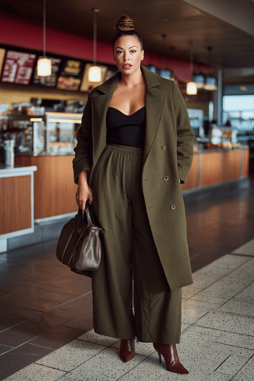 a plus-size woman standing at an airport coffee kiosk, wearing a rich olive double-breasted wool coat, black bodysuit, tailored wide-leg trousers, and pointed-toe brown heeled boots 