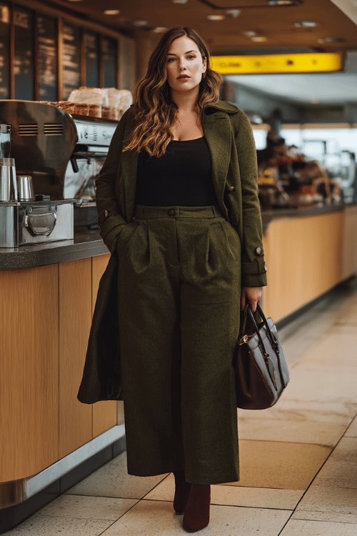 a plus-size woman standing at an airport coffee kiosk, wearing a rich olive double-breasted wool coat, black bodysuit, tailored wide-leg trousers, and pointed-toe brown heeled boots
