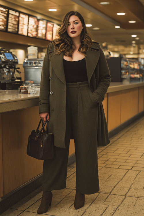 a plus-size woman standing at an airport coffee kiosk, wearing a rich olive double-breasted wool coat, black bodysuit, tailored wide-leg trousers, and pointed-toe brown heeled boots 