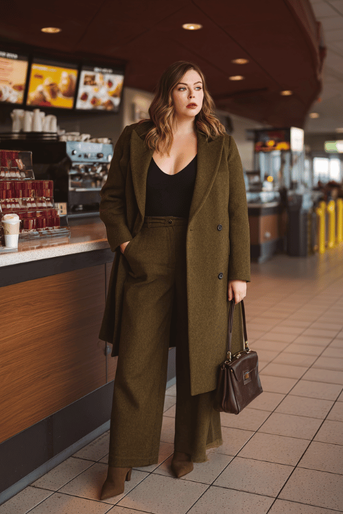 a plus-size woman standing at an airport coffee kiosk, wearing a rich olive double-breasted wool coat, black bodysuit, tailored wide-leg trousers, and pointed-toe brown heeled boots